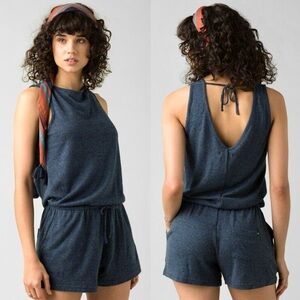 Prana Sylvie Hemp/Tencel Stretch Jersey Knit Romper in Black Stripe - Medium